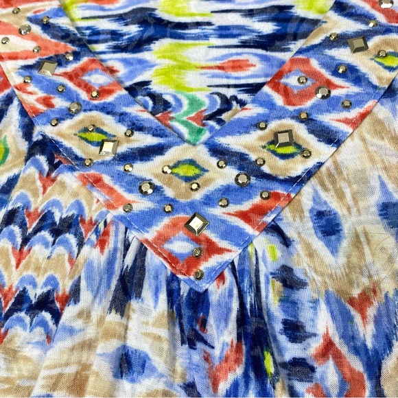 Alfred Dunner Patchwork Shirt Women's PM Multicolor V Neck Metal Stud Classic - Picture 3 of 13